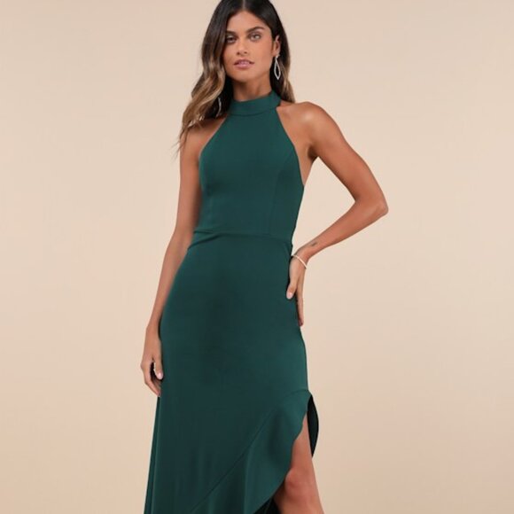Lulus Majestic Perfection Emerald Green Ruffled Halter Maxi Dress - Size XL NEW - Picture 1 of 7